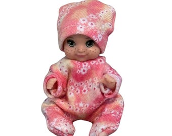 3 inch Doll Pajama Set – Pink Yellow print pajamas and hat
