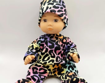 8 inch Baby Doll Clothes - footie pajamas - sleeper with hat -Handmade and ready to ship Colorful Leopard Boy Girl doll clothes