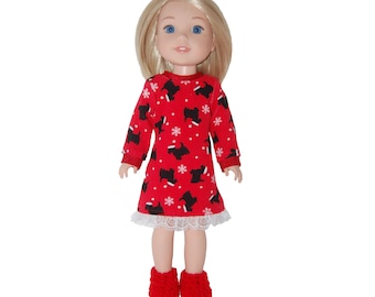 Nightshirt for 14" Wellie Wishers or Melissa & Doug Doll Clothes Christmas Scottie Dog with or without slippers tkct1328 READY TO SHIP