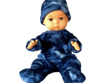Handmade 8 Inch Baby Doll Clothes: Blue Marble Fleece Footie Pajamas with hat