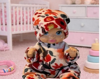 3 inch Doll Pajama Set – tan rust floral pajamas and hat
