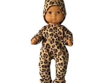 8 Inch Baby Doll Clothes: Handmade Cheetah Pajamas with Hat for Boy or girl doll