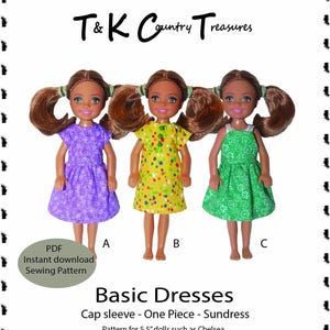 May include: Three dolls wearing different dresses: purple, yellow, and green. The dresses are cap sleeve, one-piece sundresses. The image includes the text "T&K Country Treasures" and "Basic Dresses" with a sewing pattern download option for 5.5" dolls.