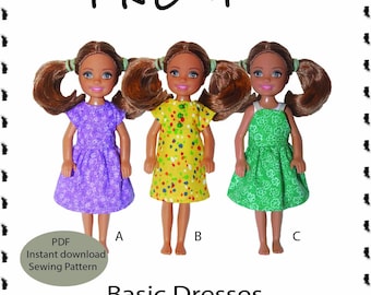 PDF Sewing Pattern for Chelsea 5.5 inch doll slim body size for 3 Basic Dresses  Instant Download