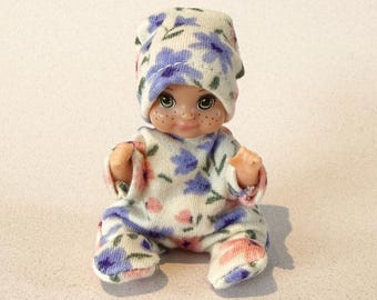 3 inch Doll Pajama Set – blue coral flower pajamas and hat