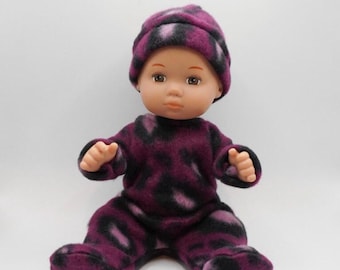 Handmade 8 Inch Baby Doll Clothes – Maroon Leopard Fleece Pajamas with Hat