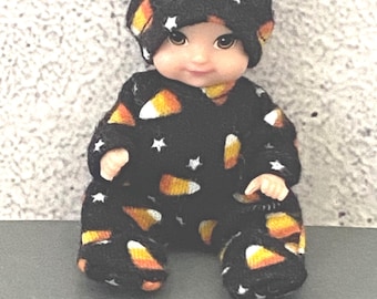 Doll Halloween Pajama Set for 3 inch dolls Candy Corn Sleeper & Hat Fits mini Baby Dolls