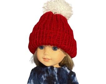 Knit Beanie Hat Handmade to fit 14 inch dolls such as Wellie Wisher RubyRed TKCT1508 ready to ship red with white pompom