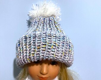 Knit Beanie Hat Handmade to fit 14 inch dolls such as Wellie Wisher RubyRed TKCT1512 ready to ship Blue/Purple with white pompom