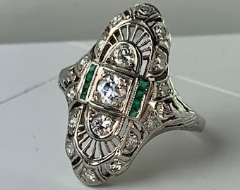 Diamond and Emerald Ring / Engagement ring / Unique / April May birthstones / vintage / estate / 3 stone ring / 14k white gold