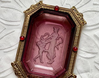 Czech glass open salt in ornate brass holder / intaglio glass features figures / mothers day / purple / victorian / gift unique