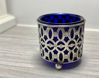 Sterling Silver open salt w/ cobalt blue glass insert / Birmingham England hallmarks / Deco / salt dip / serving / gift idea / salt cellar