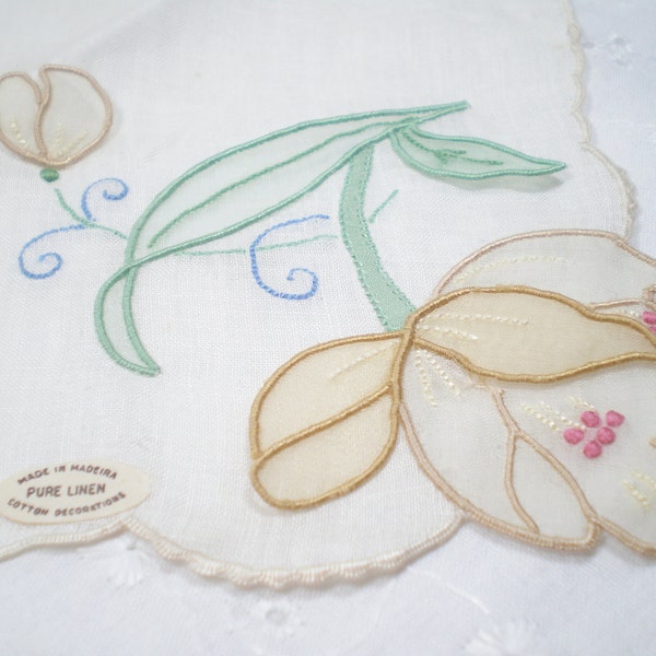 Vintage Floral Hankie, Yellow Tulip Hanky, Embroidered Linen, depression era, Yellow flower hankie / Easter / Spring / Mother