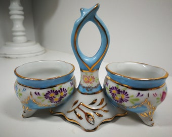 Rare double open salt / Limoges China mark / flowers and gold trim / salt cellar / brunch / Pretty / mothers gift