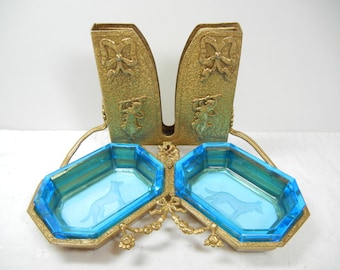 Czech glass open salt pair in ornate brass holder / intaglio glass features Dogs / RARE / mothers day / mom / victorian / gift unique