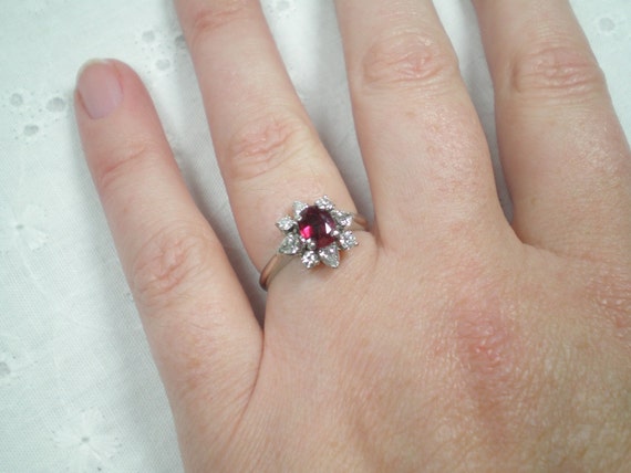 Vintage Platinum Ruby Diamond Halo Ring • 0.87ct … - image 3