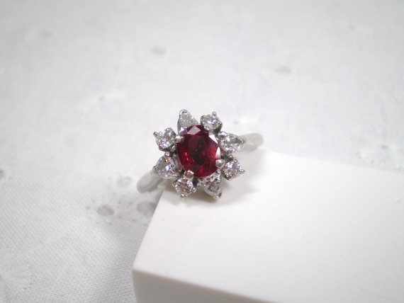 Vintage Platinum Ruby Diamond Halo Ring • 0.87ct … - image 2