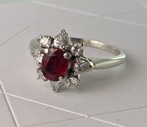 Vintage Platinum Ruby Diamond Halo Ring • 0.87ct … - image 10