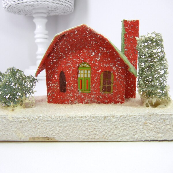 Mica Putz Barn / Putz house / marked Japan / red barn / seaweed trees / snow/ vintage / Putz / green / Christmas in July / CIJ