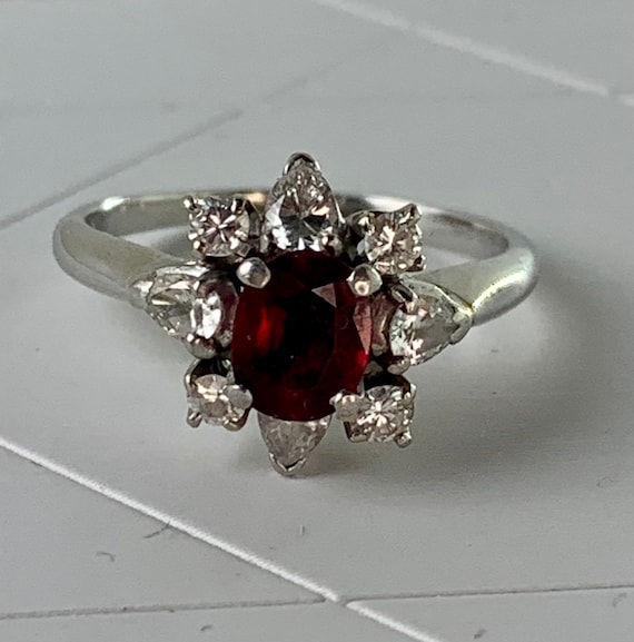Vintage Platinum Ruby Diamond Halo Ring • 0.87ct … - image 6
