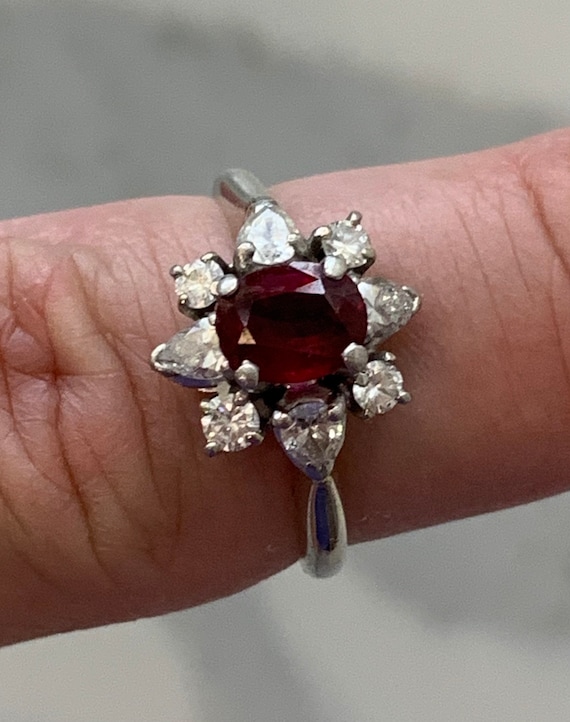 Vintage Platinum Ruby Diamond Halo Ring • 0.87ct … - image 9