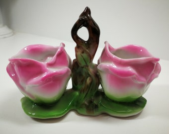 Rare double open salt / floral salt cellar / Spring flowers / brunch / Mothers day gift / pink green white