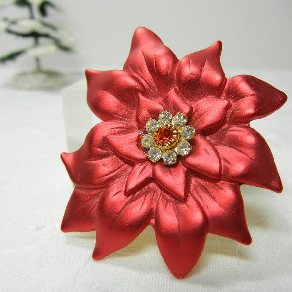 Poinsettia Brooch, Christmas pin, Red leaves, rhinestone brooch, holiday pin, Xmas, Christmas brooch / Easter / Spring