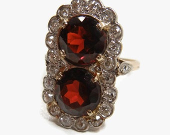 Vintage Garnet and Diamond Ring / Valentine / Engagement ring / unique / Art Deco / big garnets / Garnet ring / January