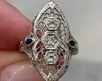 Diamond and Sapphire Filigree Ring / Engagement ring / 3 stone ring / Diamond ring / Something blue / grad gift / sapphires