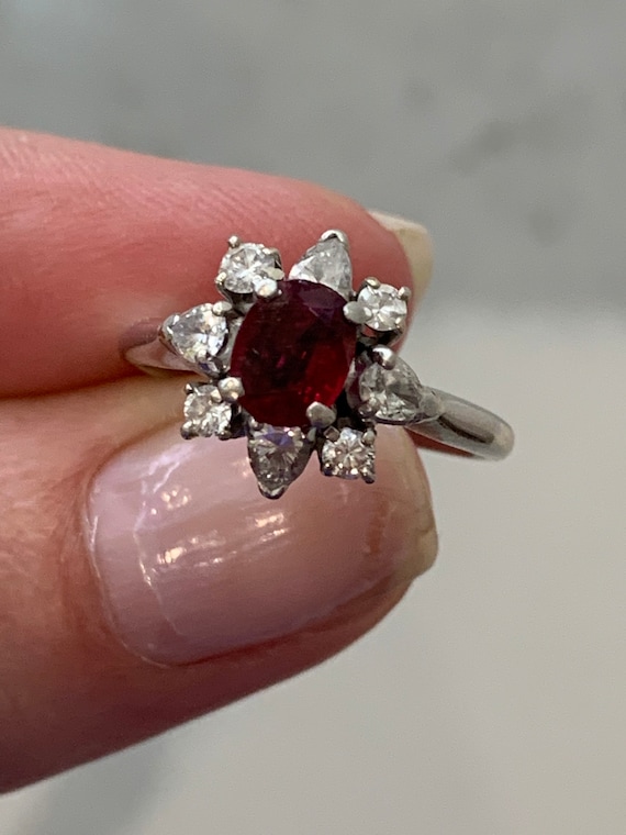 Vintage Platinum Ruby Diamond Halo Ring • 0.87ct … - image 8