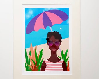 BEACH VACATION Print |  Gift Idea | A4 Black Art Print | Black Woman | African American | Natural Hair Afro | Beach Art | Unframed