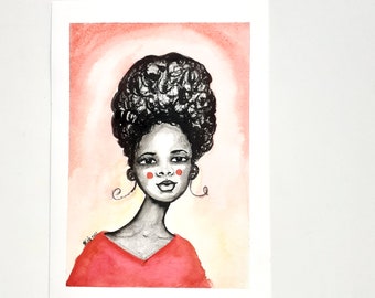 Peachy Cheeks | Original Art Painting | Black Art | Christmas Gift | Watercolour Afrocentric Artwork | 5" x 7" (Unframed)
