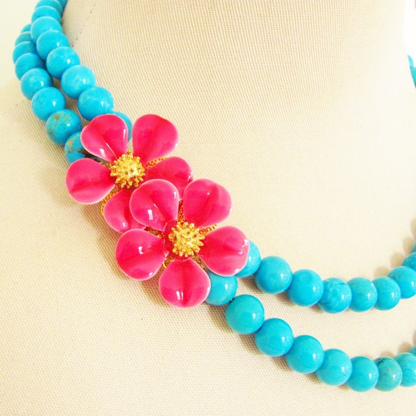 Vintage Enamel Flower Necklace Raspberry Pink Flowers Asymmetrical Double Strand Turquoise Howlite Beads One of a Kind Gold Accents
