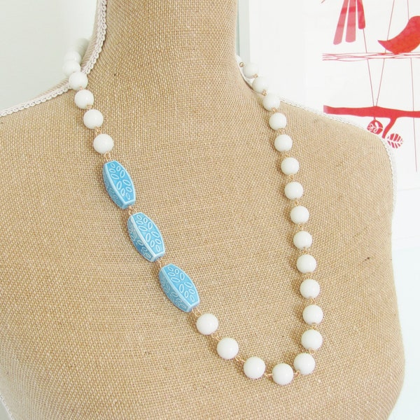 Turquoise Blue Ceramic Mosaic and Crisp White Round Glass Beaded Long Necklace - Preppy, Vintage Inspired, Beach, Aqua Blue