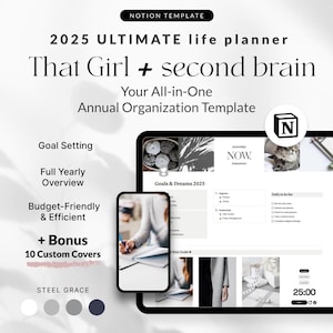 Planejador Notion That Girl, Modelo de Planejador de Vida Notion – Rastreador de Hábitos, Calendário Digital, Definição de Metas, Painel de Bem-Estar, Layout Estético