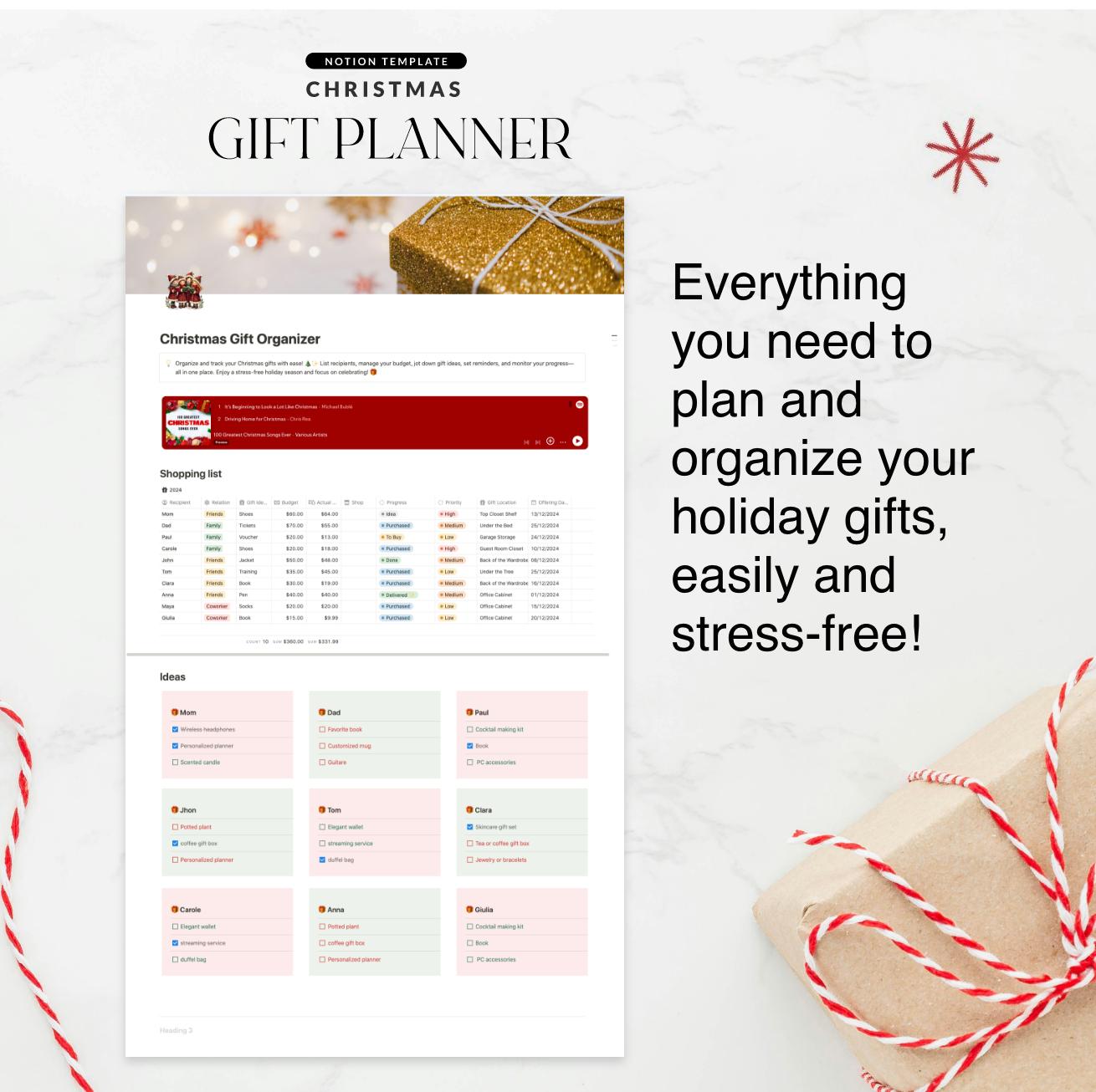Christmas Gift Planner Template for Notion | Holiday Budget Tracker ...