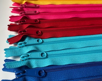Sale, 9 inch handbag zippers, eighteen pcs assortment, red, yellow, bright aqua, hot pink, neutrals