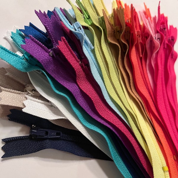 Zippers for pouches, 7 inch dress zippers, 30 pcs, brights, lights, and neutrals, 15 colors, 2 zippers in each color, special pricing