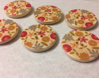 25 Large matching wood buttons, 30 mm in diameter, floral print, mustard, red, blue flowers, olive leaves