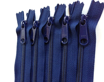 22 inch YKK handbag zippers with long pull, navy, FIVE pcs, 4.5 mm coil, YKK color 919, great for handbags, gadget cases, bags