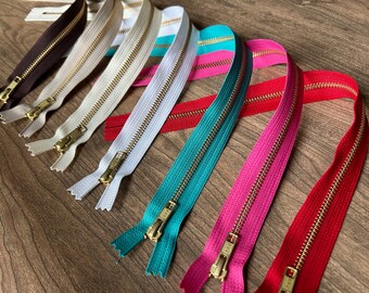 16 inch metal zippers, gold brass metal zippers, YKK brand, choose 7 pcs assortment or 5 pcs in any one color, red, turquoise, pink, neutral