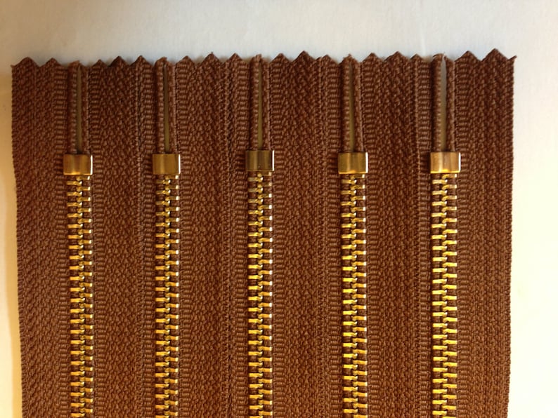 12 inch metal zippers wholesale, FIVE pcs, brass YKK zippers, medium brown tape, gold teeth image 2
