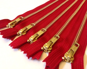 12 inch brass zippers, FIVE pcs, red tape YKK color 519, metal zippers with gold teeth