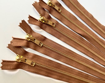 10 or 24 inch metal zippers, FIVE brass zippers, light brown, YKK color 086, gold teeth YKK zippers No. 5, long gold teeth zippers