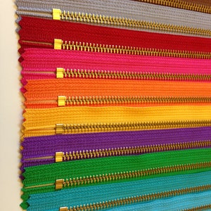 YKK metal zippers, 7 inch brass zippers, ten pcs, neutrals, red, pink, orange, yellow, purple, green, aqua, gold teeth image 3