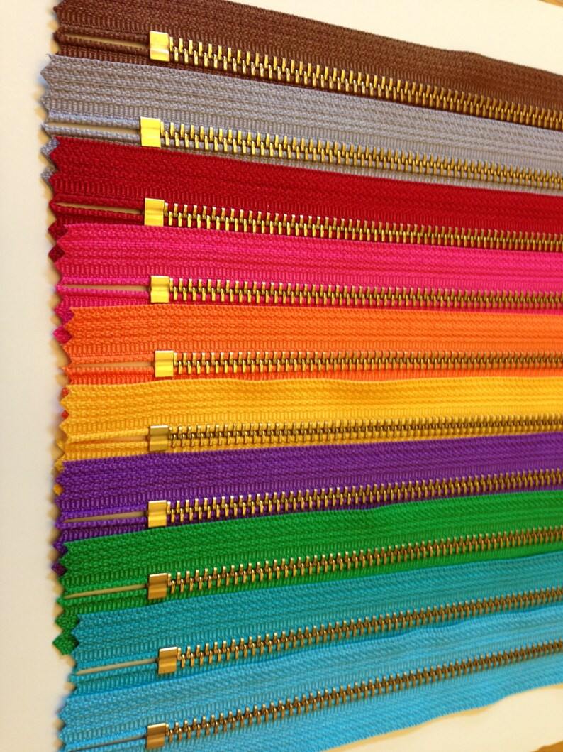YKK metal zippers, 7 inch brass zippers, ten pcs, neutrals, red, pink, orange, yellow, purple, green, aqua, gold teeth image 3