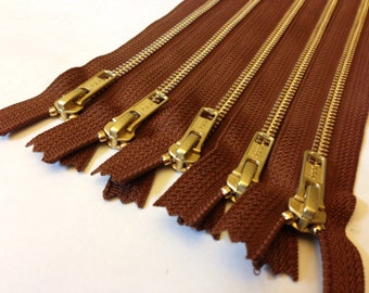 Metal zippers wholesale, 7 inch brass zippers, TEN pcs, medium brown, YKK pumpernickel color 859, great for leather purses, wristlets