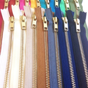 Metal zippers, 10 pcs, 10 inch YKK Gold teeth sampler, brass, black, grey, navy, brown, beige, white, red, teal, pink, blue, olive, mint image 2