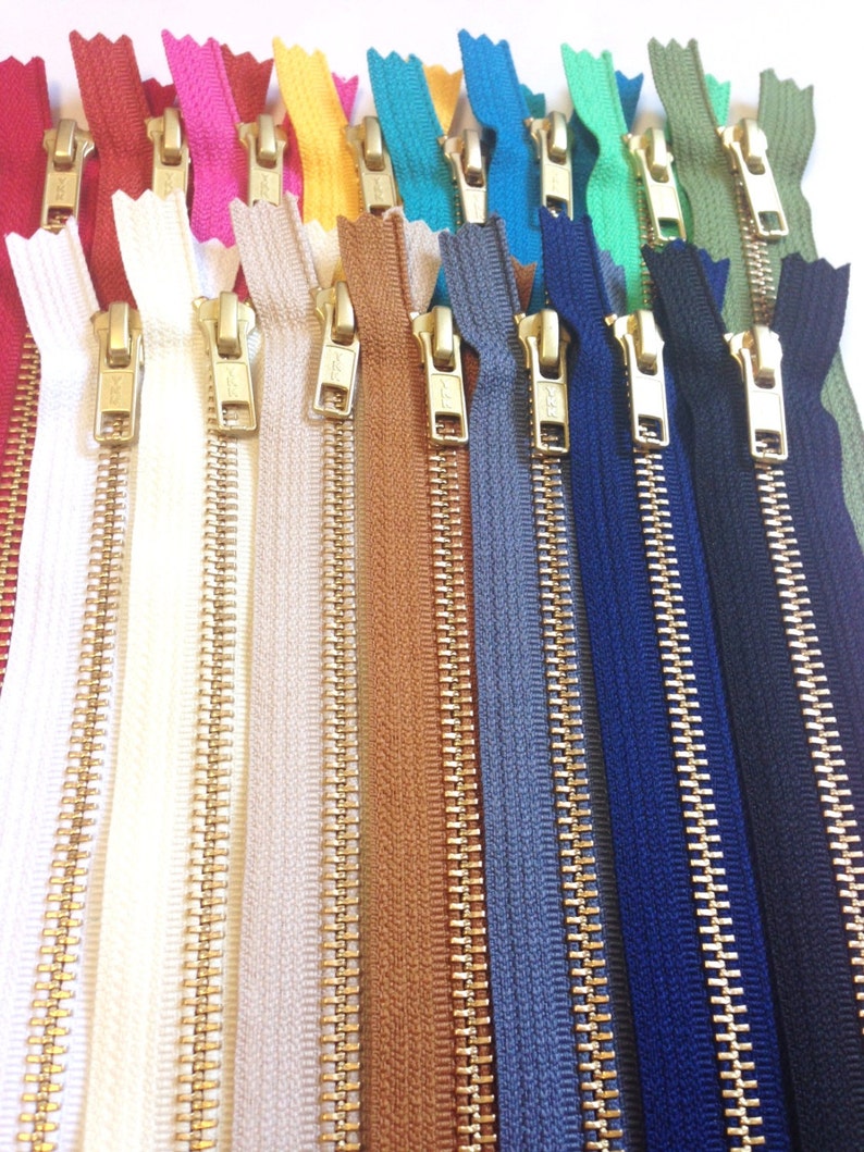 Metal zippers, 10 pcs, 10 inch YKK Gold teeth sampler, brass, black, grey, navy, brown, beige, white, red, teal, pink, blue, olive, mint image 2