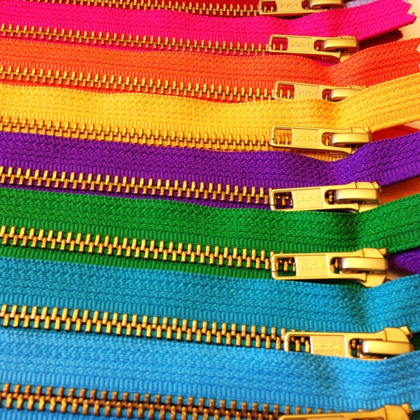 YKK metal zippers, 7 inch brass zippers, ten pcs, neutrals, red, pink, orange, yellow, purple, green, aqua, gold teeth